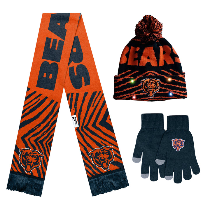 FOCO X Zubaz NFL Collab 3 Pack Glove Scarf & Hat Outdoor Winter Set, Chicago Bears