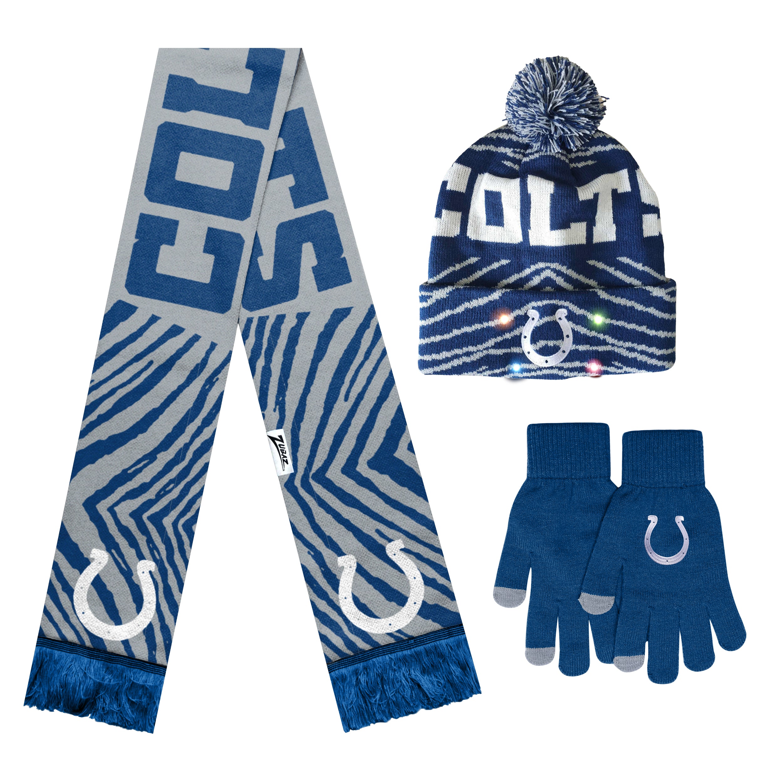 FOCO X Zubaz NFL Collab 3 Pack Glove Scarf & Hat Outdoor Winter Set, Indianapolis Colts