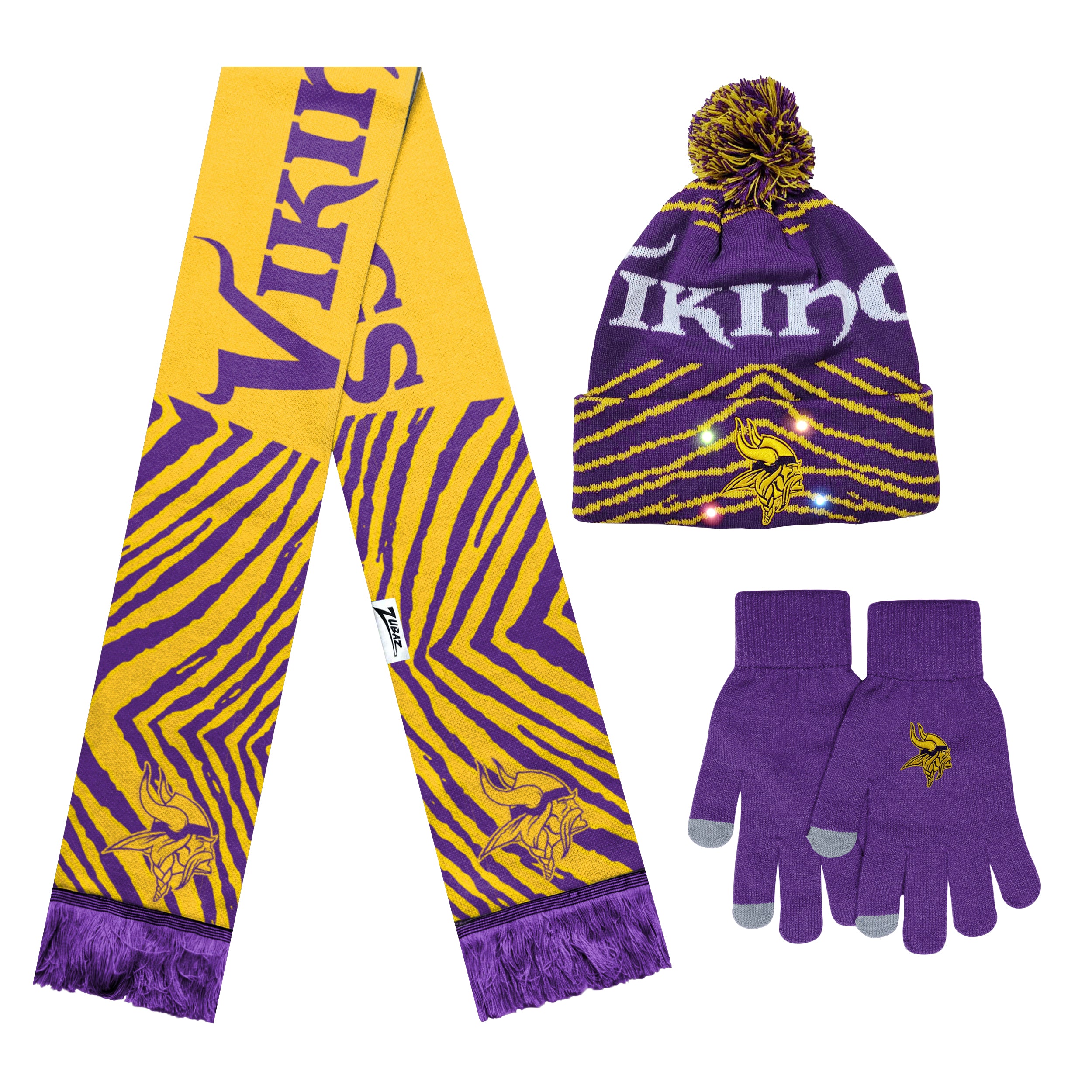 FOCO X Zubaz NFL Collab 3 Pack Glove Scarf & Hat Outdoor Winter Set, Minnesota Vikings