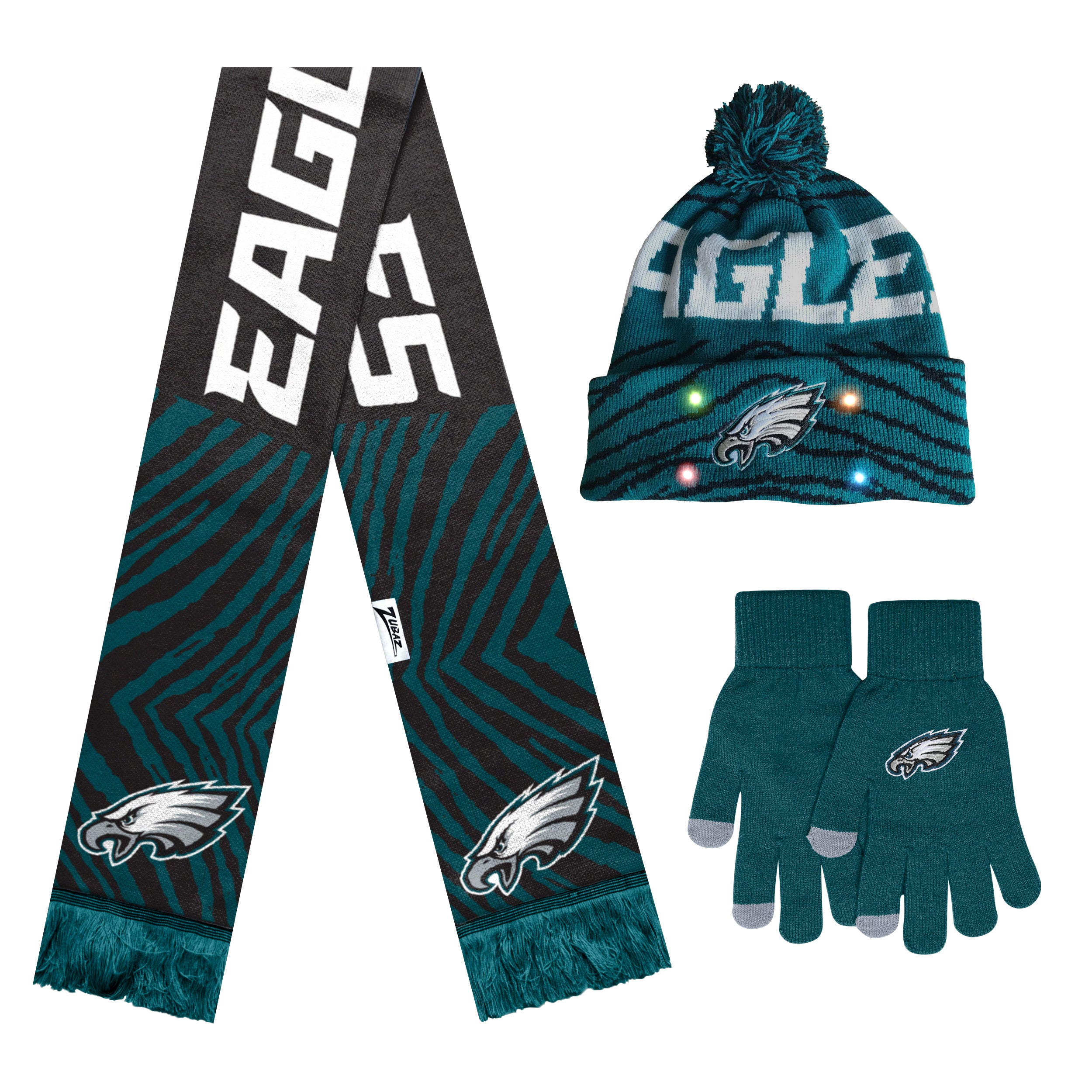 FOCO X Zubaz NFL Collab 3 Pack Glove Scarf & Hat Outdoor Winter Set, Philadelphia Eagles