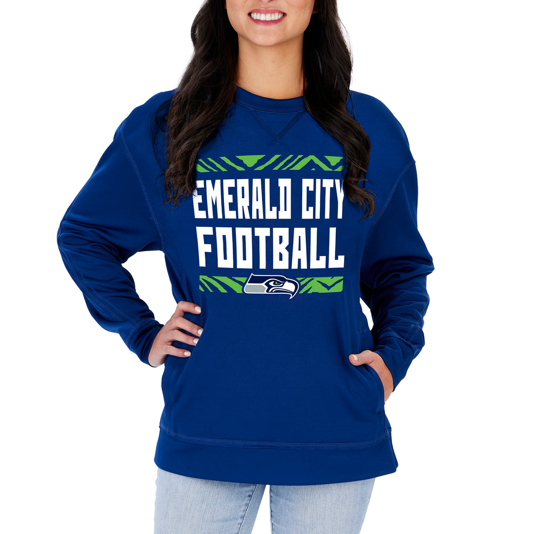 Zubaz NFL Women's Seattle Seahawks Team Color & Slogan Crewneck Sweatshirt