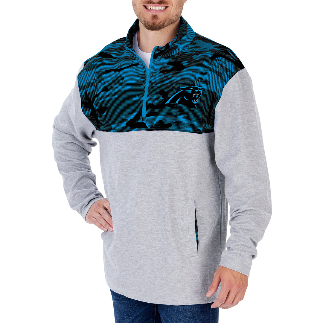 ZUBAZ Men's NFL Carolina  Panthers Gray 1/4 Zip Fleece Pullover With Camo Lines Size SMALL