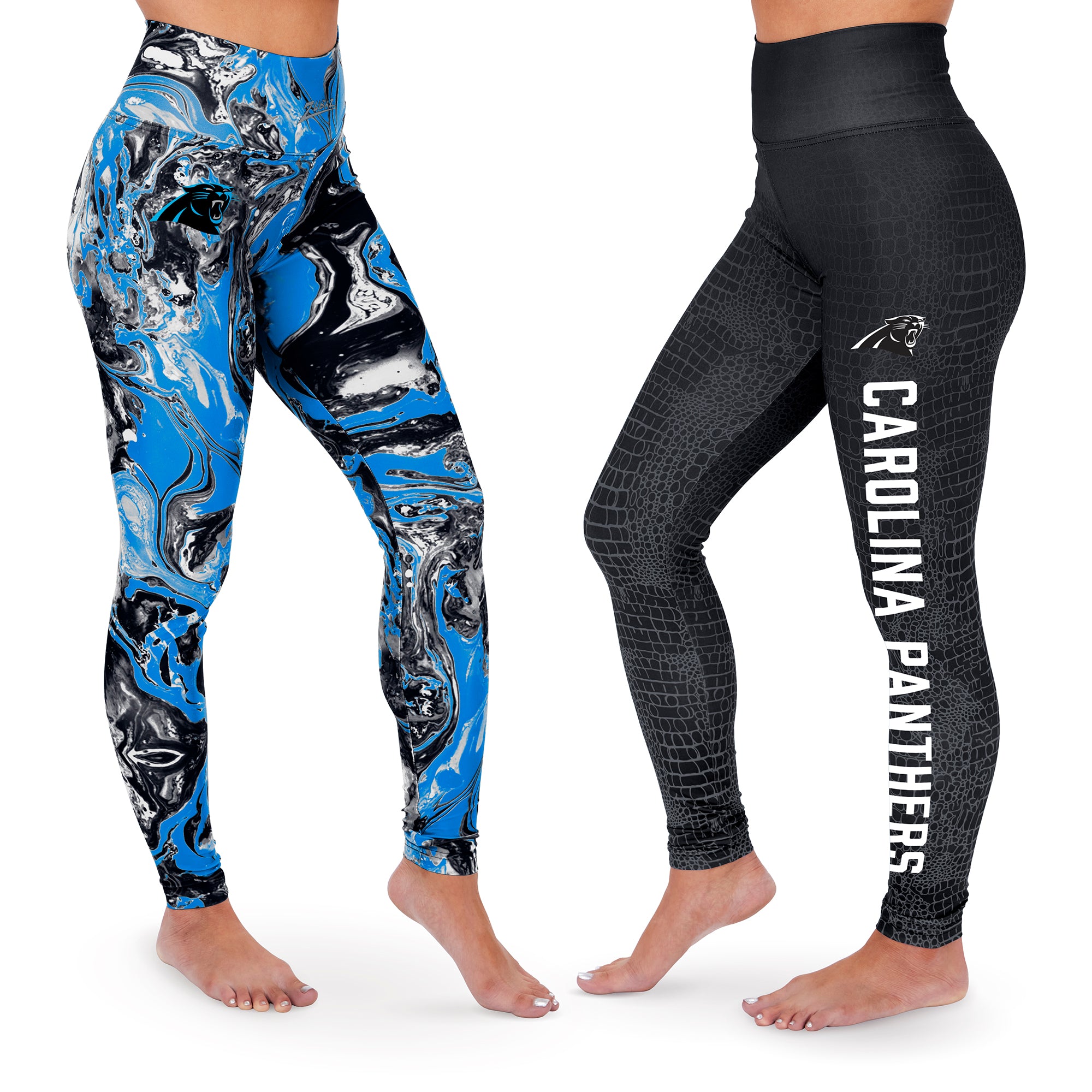 Zubaz NFL WOMENS CAROLINA PANTHERS 2 PACK LEGGINGS - BLACK/FLUORESCENT BLUE SWIRL & TONAL BLACK SKIN FADE Extra Small