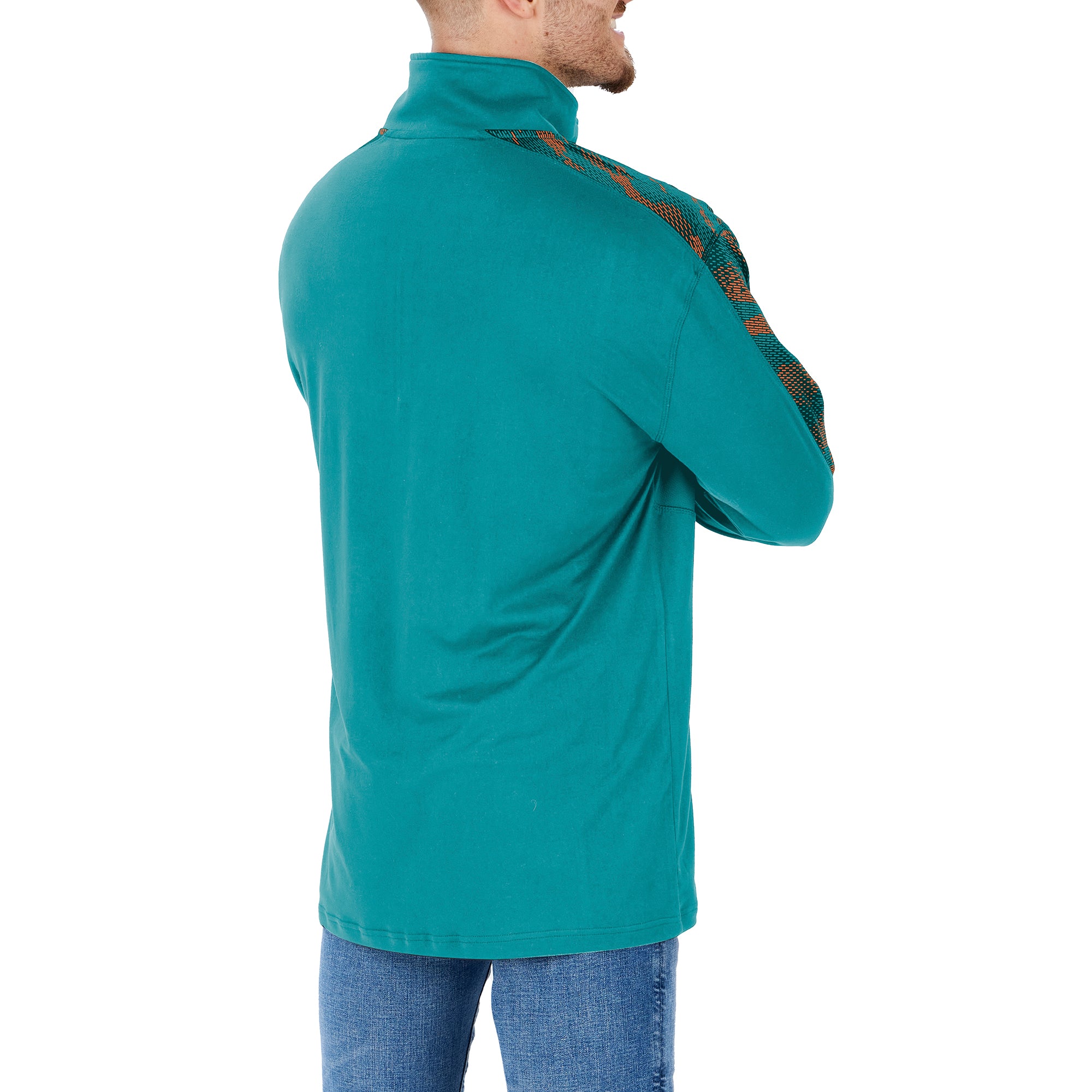 Zubaz NFL Men's MIAMI DOLPHINS SOLID AQUA ELEVATED 1/4 ZIP W/ AQUA/ORANGE VIPER PRINT ACCENT MD