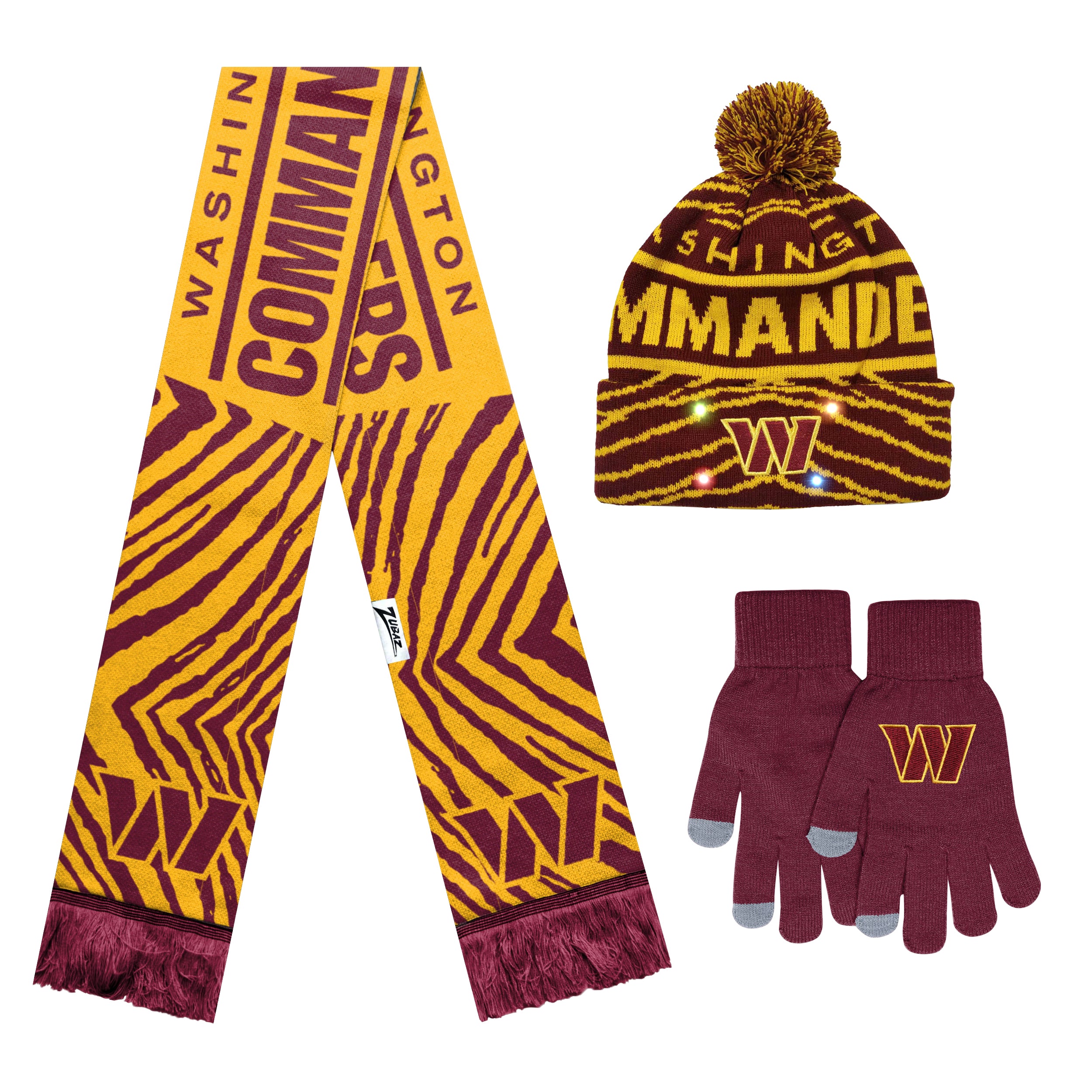 FOCO X Zubaz NFL Collab 3 Pack Glove Scarf & Hat Outdoor Winter Set, Washington Commanders