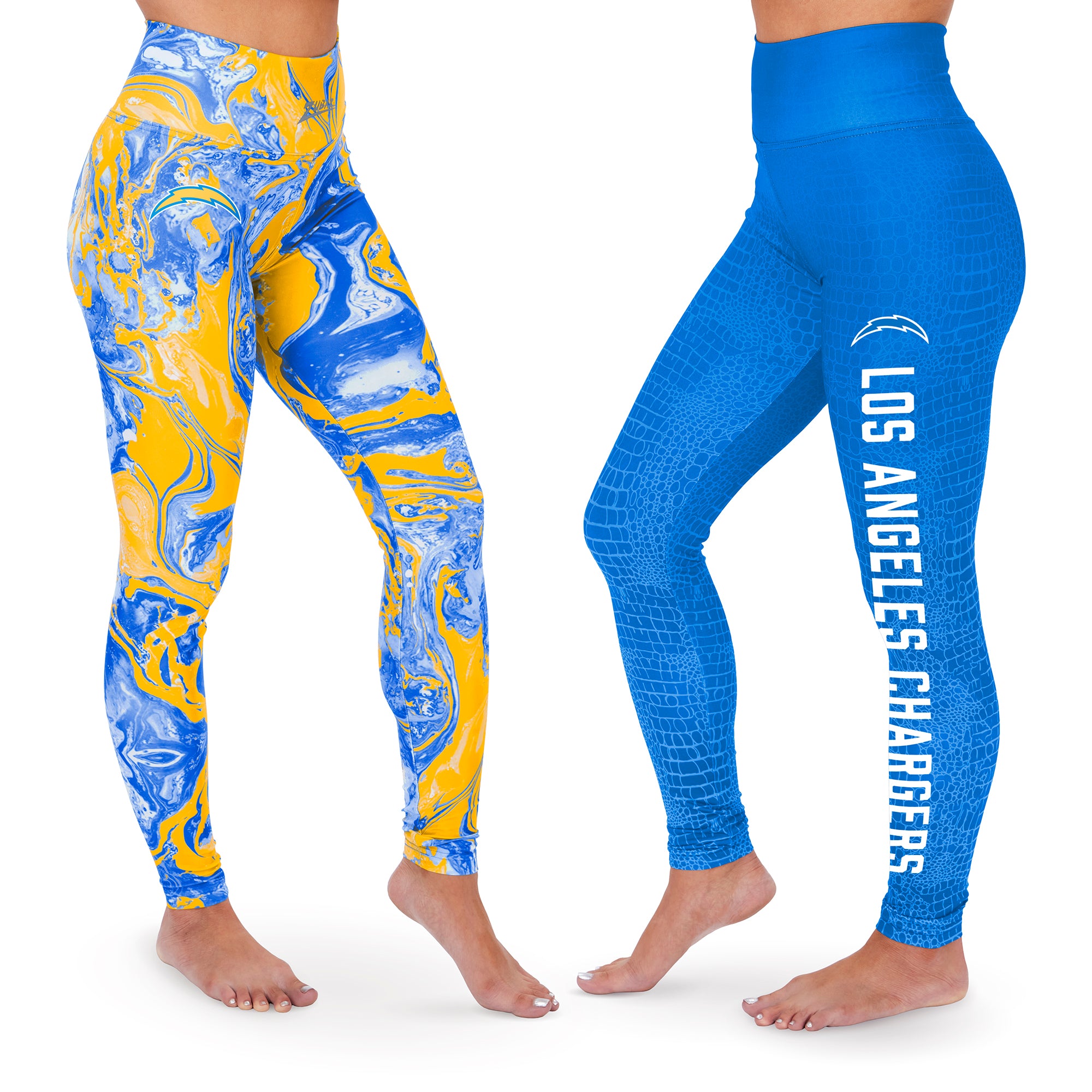 Zubaz NFL WOMENS LOS ANGELES CHARGERS 2 PACK LEGGINGS - CHARGER BLUE/GOLD SWIRL & TONAL BLUE SKIN FADE Double Extra Large