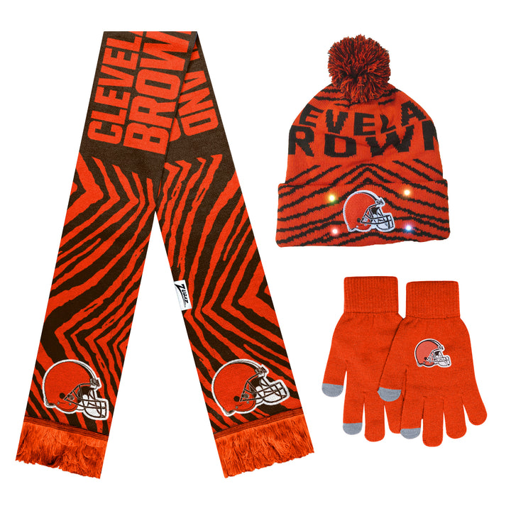 FOCO X Zubaz NFL Collab 3 Pack Glove Scarf & Hat Outdoor Winter Set, Cleveland Browns