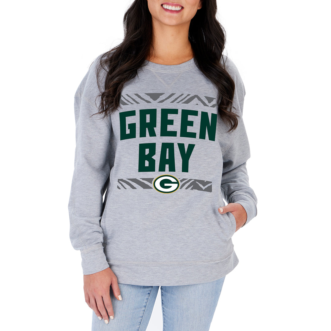 Zubaz NFL Women's Green Bay Packers Heather Gray Crewneck Sweatshirt