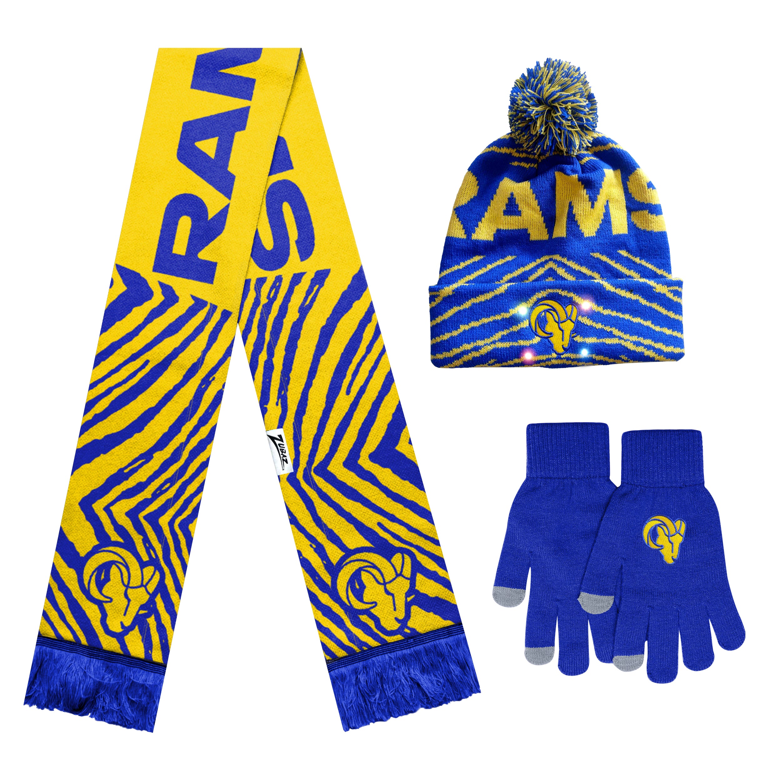 FOCO X Zubaz NFL Collab 3 Pack Glove Scarf & Hat Outdoor Winter Set, Los Angeles Rams