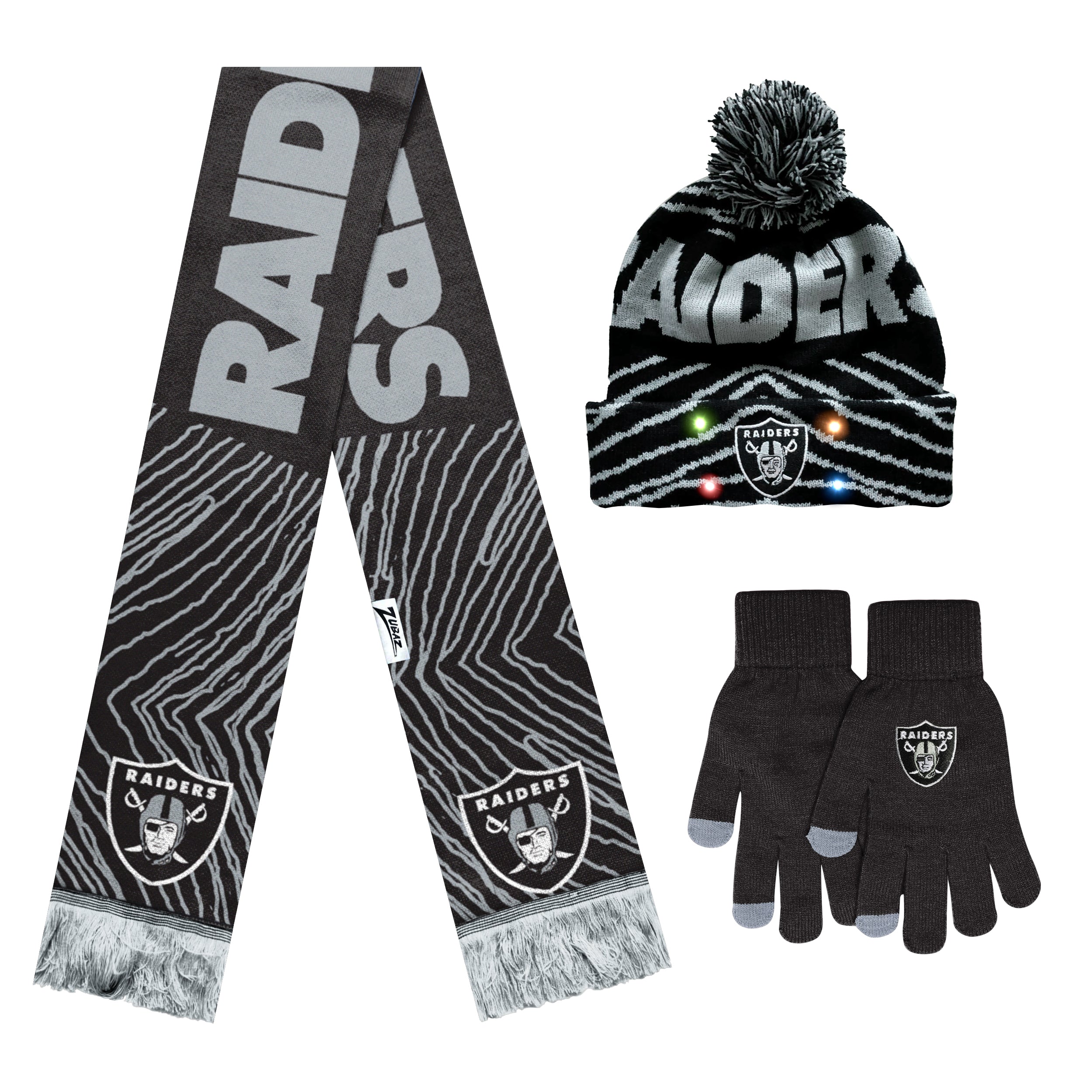 FOCO X Zubaz NFL Collab 3 Pack Glove Scarf & Hat Outdoor Winter Set, Las Vegas Raiders