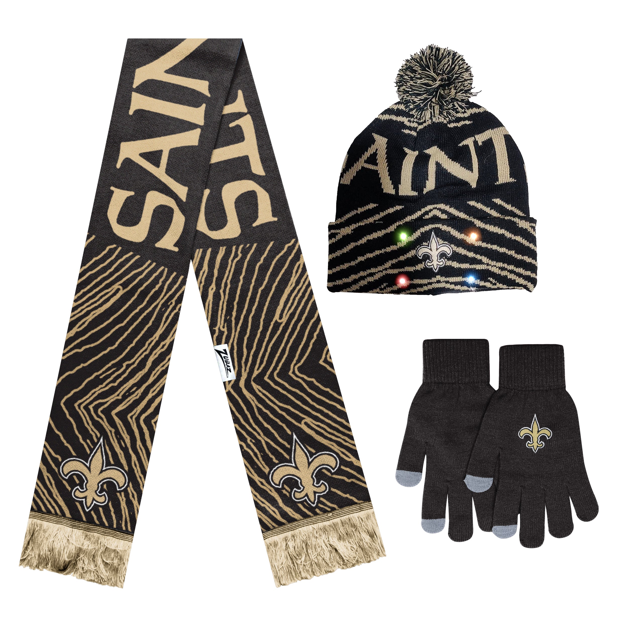 FOCO X Zubaz NFL Collab 3 Pack Glove Scarf & Hat Outdoor Winter Set, New Orleans Saints