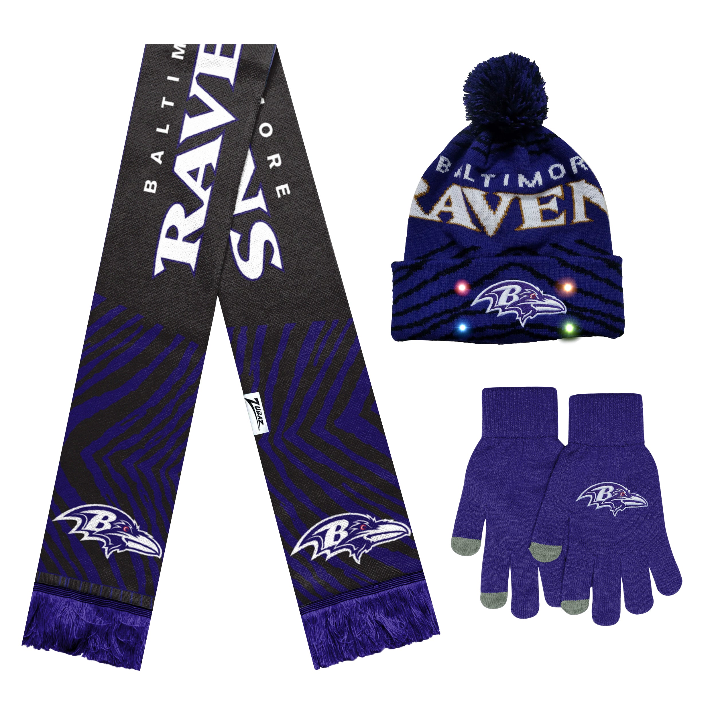 FOCO X Zubaz NFL Collab 3 Pack Glove Scarf & Hat Outdoor Winter Set, Baltimore Ravens