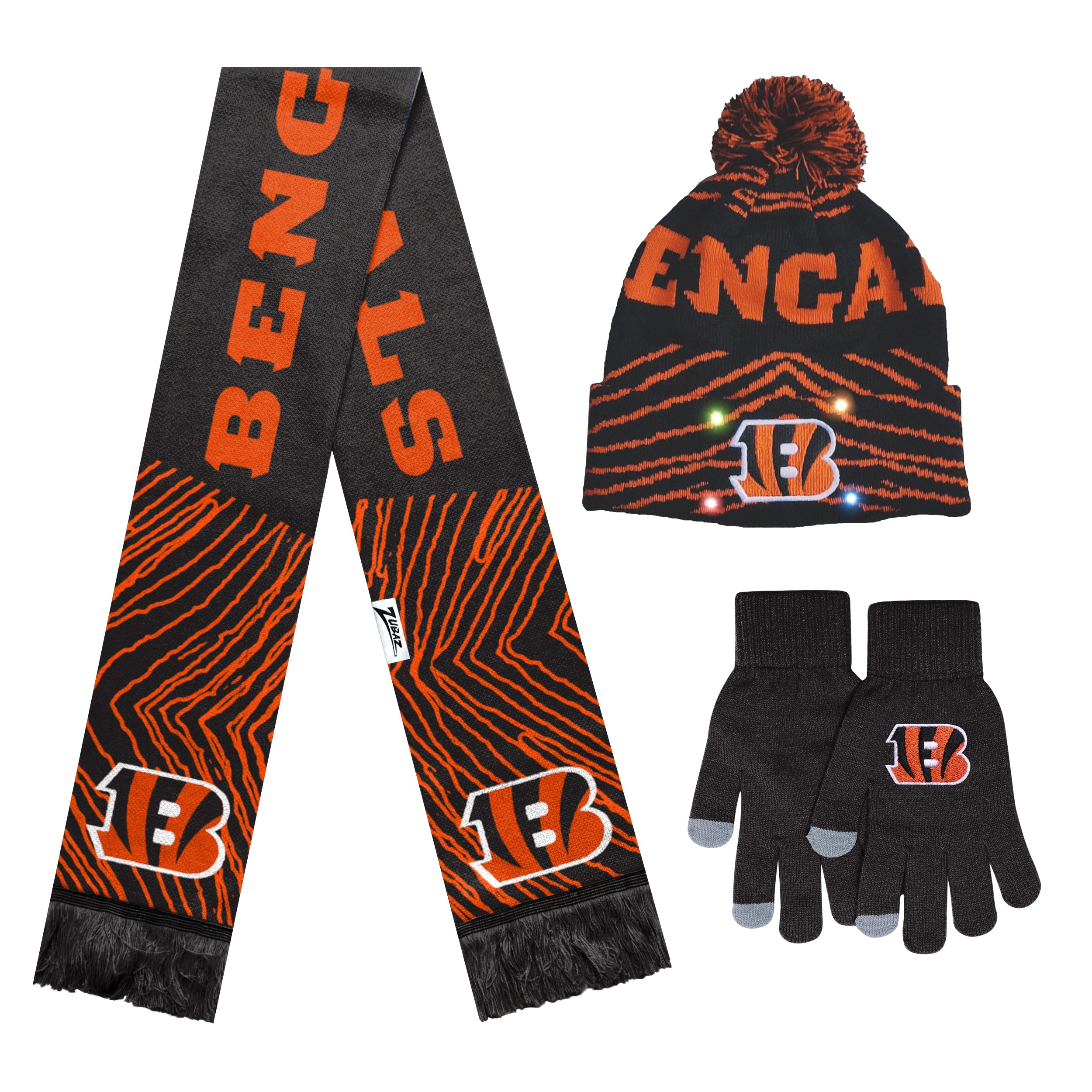 FOCO X Zubaz NFL Collab 3 Pack Glove Scarf & Hat Outdoor Winter Set, Cincinnati Bengals