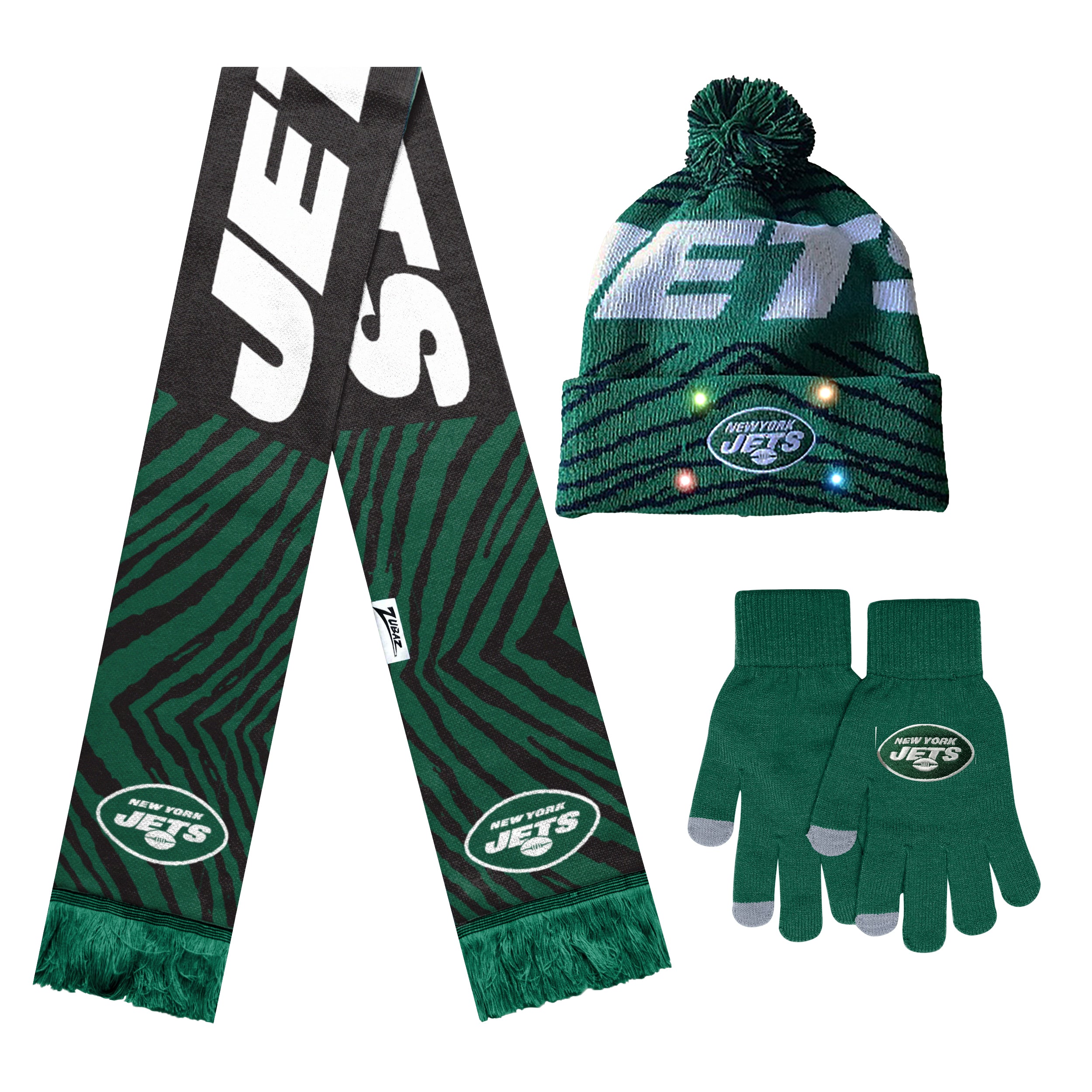 FOCO X Zubaz NFL Collab 3 Pack Glove Scarf & Hat Outdoor Winter Set, New York Jets