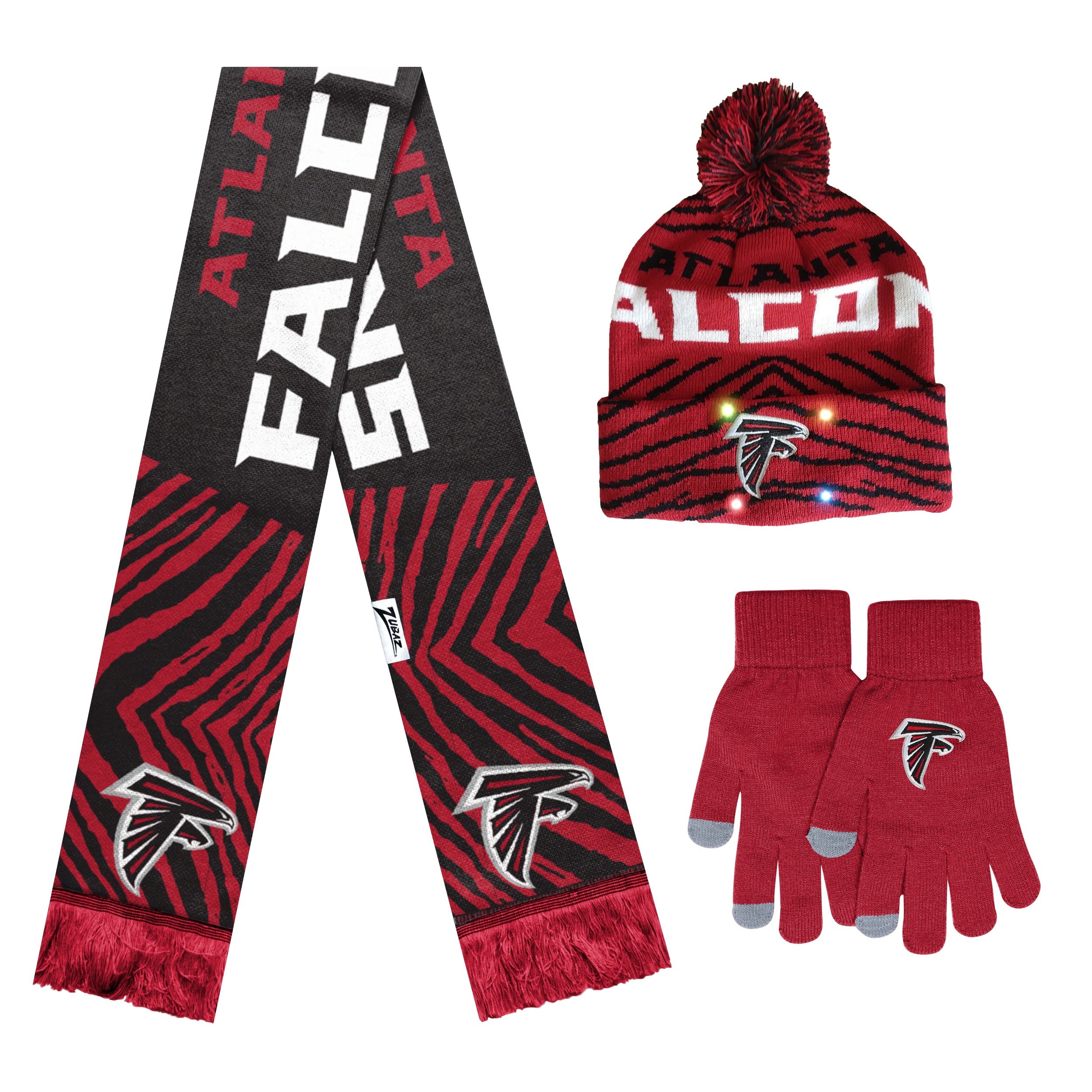 FOCO X Zubaz NFL Collab 3 Pack Glove Scarf & Hat Outdoor Winter Set, Atlanta Falcons