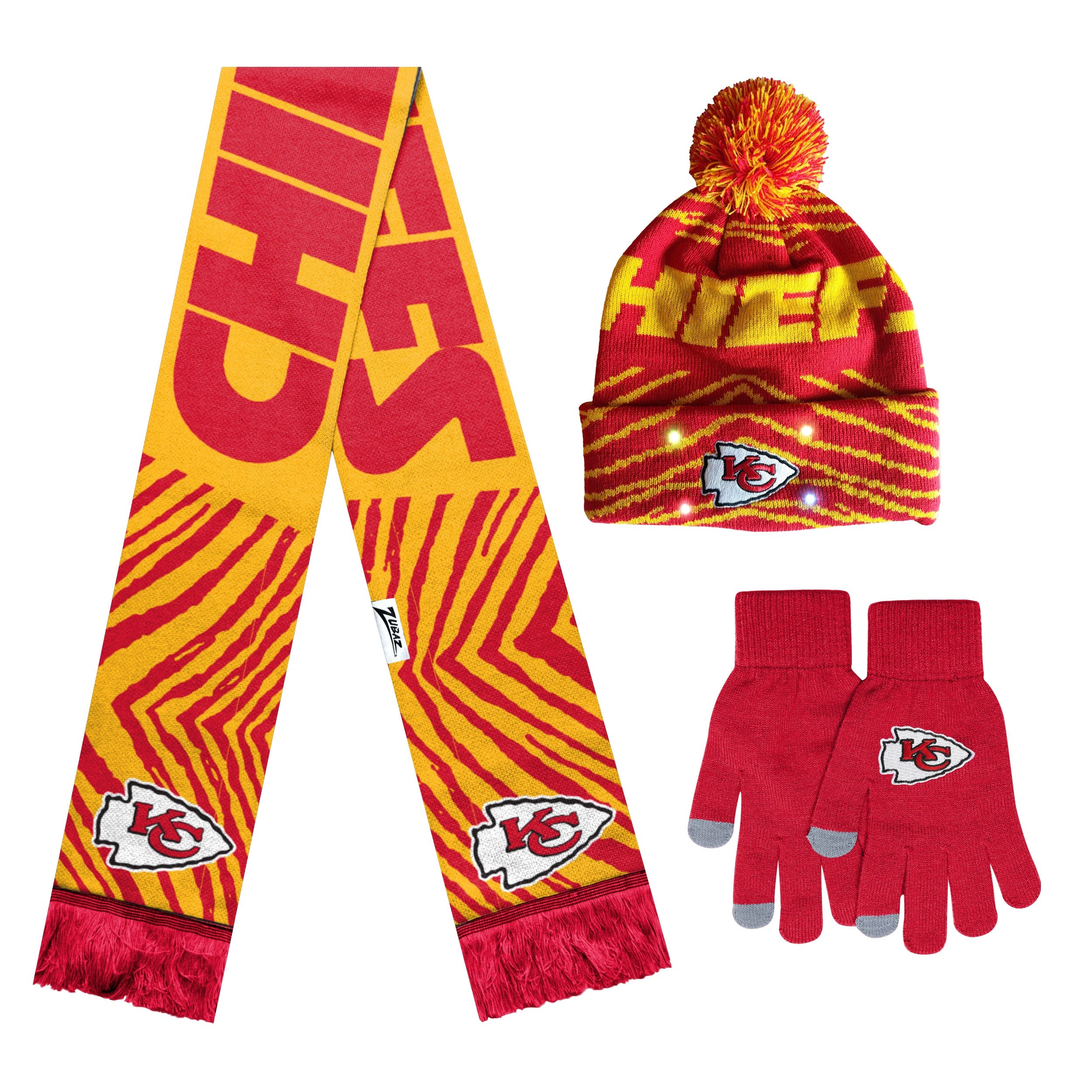 FOCO X Zubaz NFL Collab 3 Pack Glove Scarf & Hat Outdoor Winter Set, Kansas City Chiefs